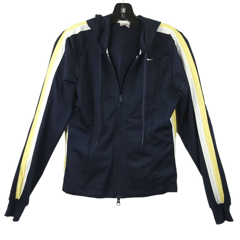 Nike Hooded Mesh Full Zip Athletic Track Jacket Size S Navy Blue White Yellow